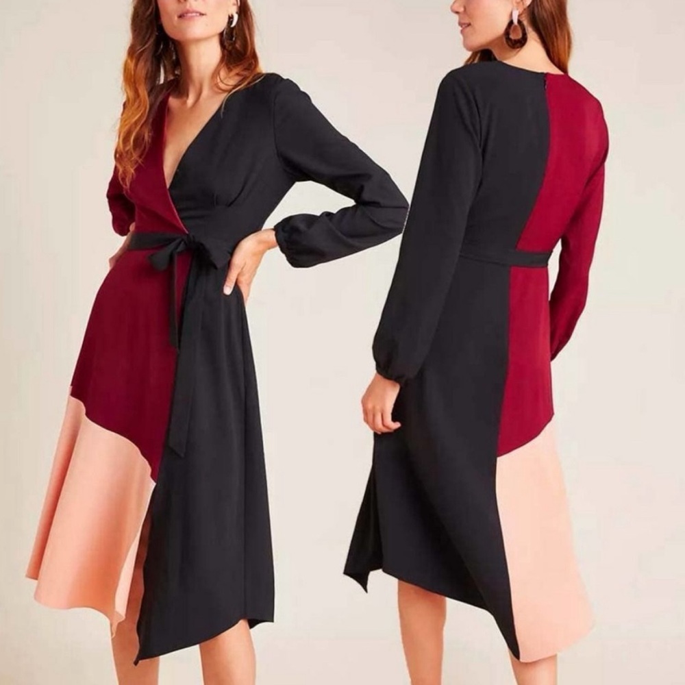 NWT Anthropologie Hutch Rashida Colorblocked Midi Wrap Dress XS Pink Black